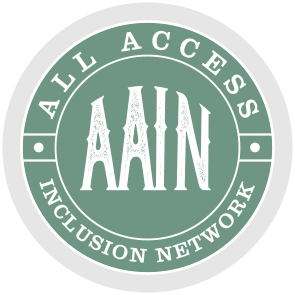 All Access Inclusion Network AAIN in white letters on green circle background